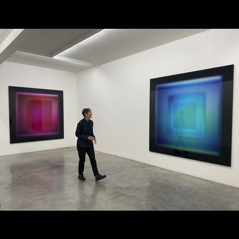 Installation view, Darren Knight Gallery, March 2022 'Cheerful Transcendence (pink) and 'Cheerful Transcendence (blue), photographic prints on metallic paper 210 X 210cm each